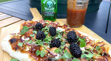 Mountain Valley Meets The Big Green Egg for this Blackberry Pomegranate BBQ Chicken Flatbread
