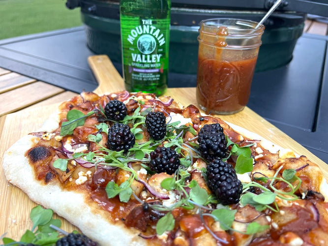 Mountain Valley Meets The Big Green Egg for this Blackberry Pomegranate BBQ Chicken Flatbread